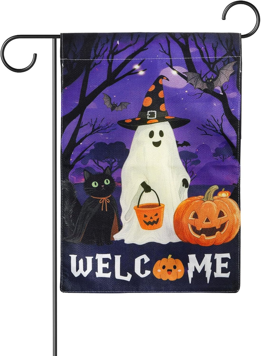 Welcome Halloween Garden Flag – Ghost, Black Cat & Pumpkin, Double-Sided 12 × 18 in