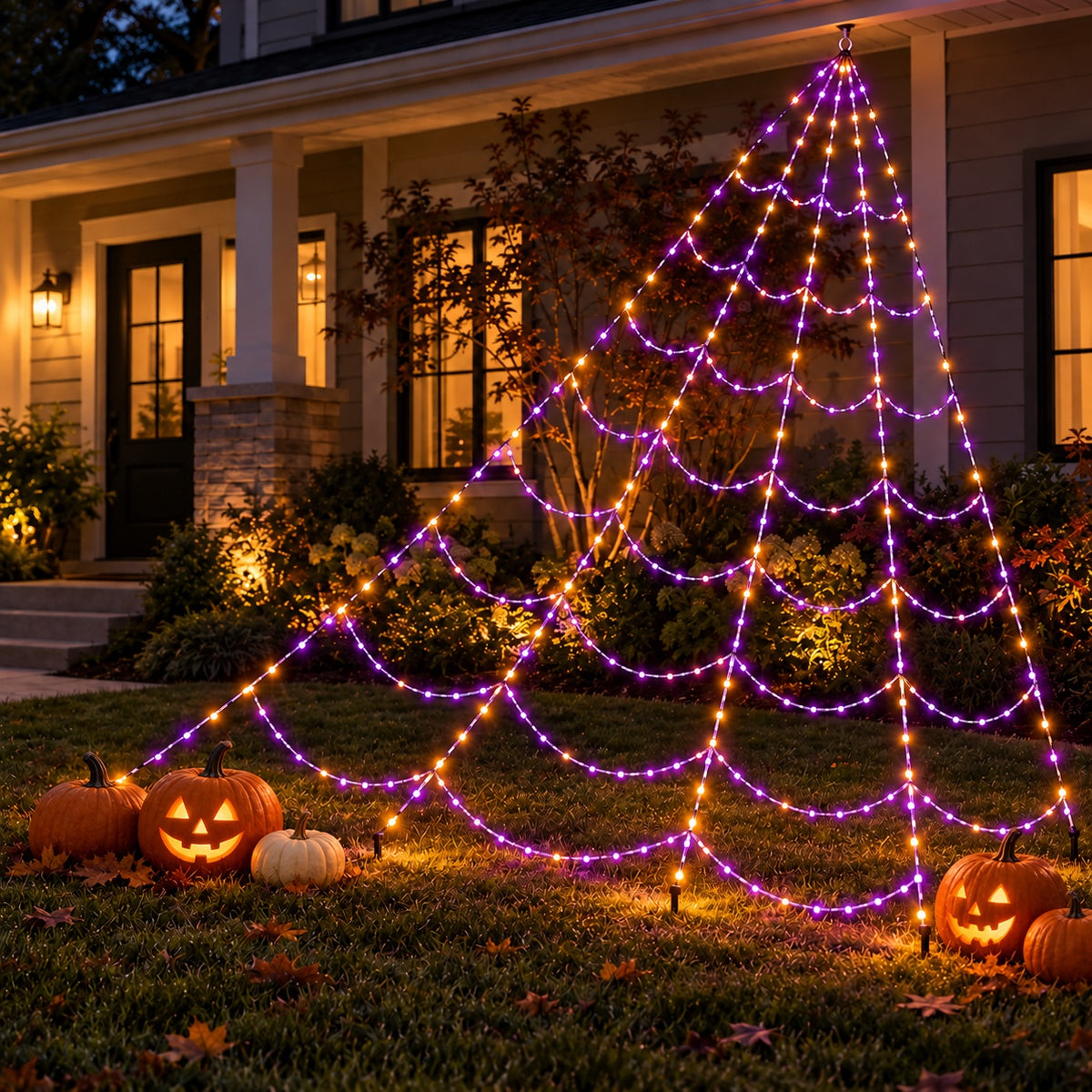 Spider web lights over a front garden with jack-o-lanterns