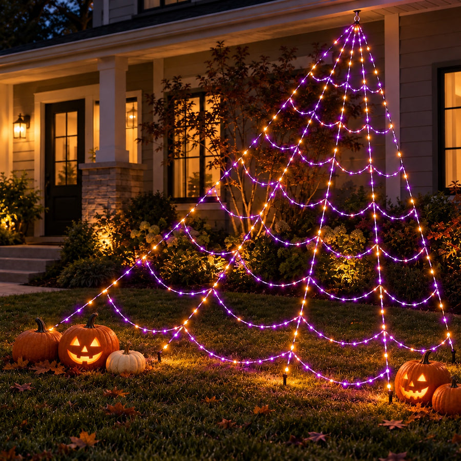 Giant Halloween Spider Web Lights – 250 Orange & Purple LEDs, 16.4 ft, 8 Modes with Remote